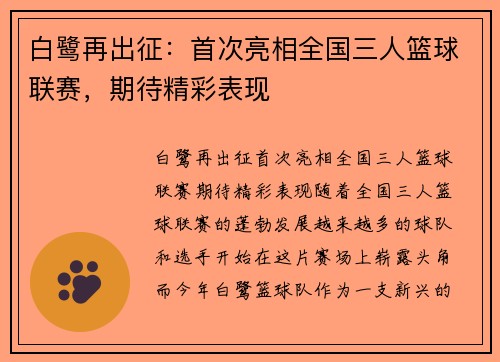 白鹭再出征：首次亮相全国三人篮球联赛，期待精彩表现