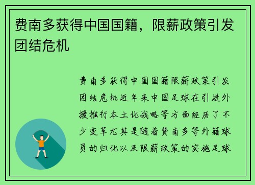 费南多获得中国国籍，限薪政策引发团结危机