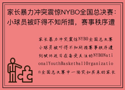 家长暴力冲突震惊NYBO全国总决赛：小球员被吓得不知所措，赛事秩序遭到破坏