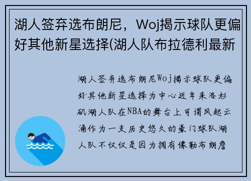 湖人签弃选布朗尼，Woj揭示球队更偏好其他新星选择(湖人队布拉德利最新消息)