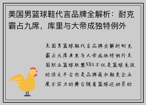美国男篮球鞋代言品牌全解析：耐克霸占九席，库里与大帝成独特例外