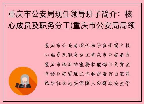 重庆市公安局现任领导班子简介：核心成员及职务分工(重庆市公安局局领导分工)