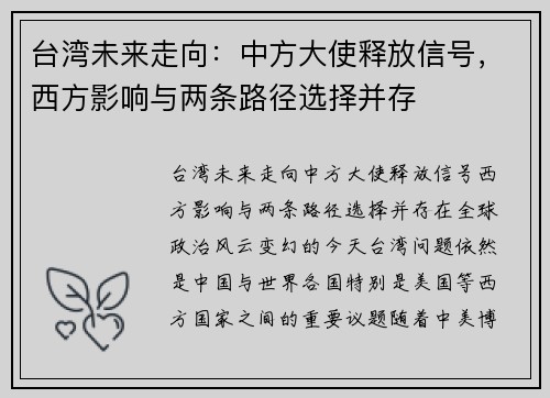 台湾未来走向：中方大使释放信号，西方影响与两条路径选择并存