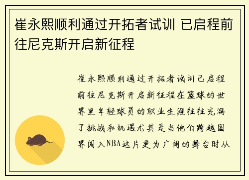 崔永熙顺利通过开拓者试训 已启程前往尼克斯开启新征程