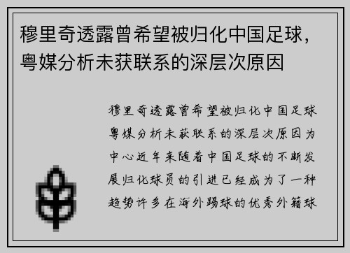 穆里奇透露曾希望被归化中国足球，粤媒分析未获联系的深层次原因